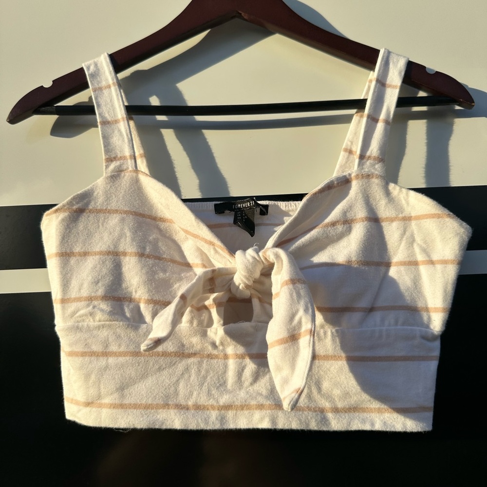 Tie Up Crop Top, Size Large, White and Cream Stripe